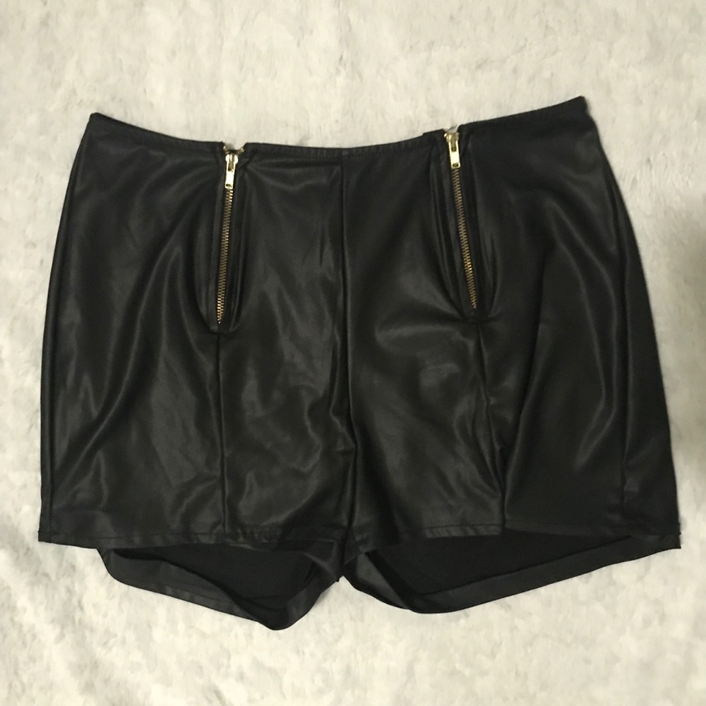 High Waisted Faux Leather ZIP Front Black Shorts